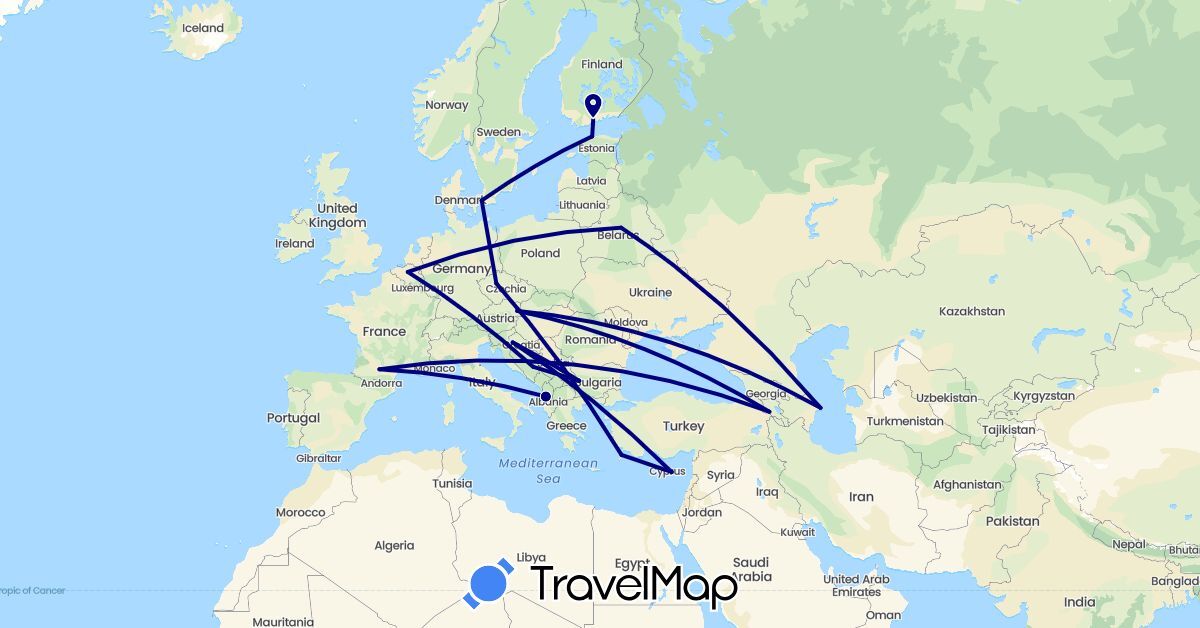 TravelMap itinerary: driving in Albania, Armenia, Austria, Azerbaijan, Bosnia and Herzegovina, Belgium, Bulgaria, Belarus, Cyprus, Czech Republic, Denmark, Estonia, Finland, France, Greece, Croatia (Asia, Europe)